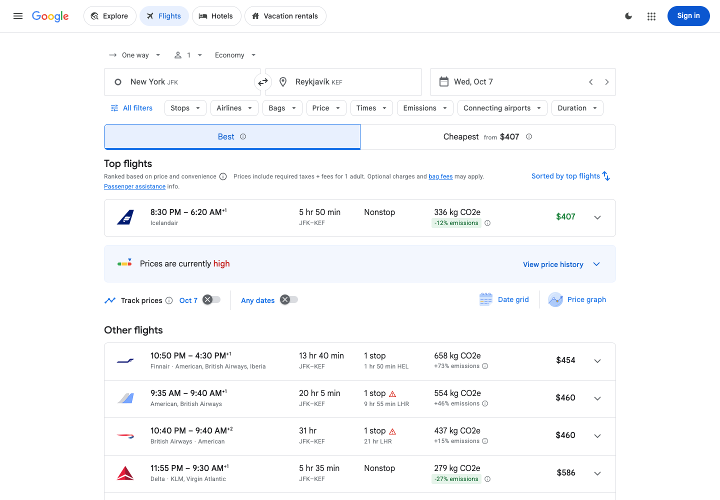 Google Flights, JFK to KEF one-way, Oct 7 2026: Icelandair nonstop at $407