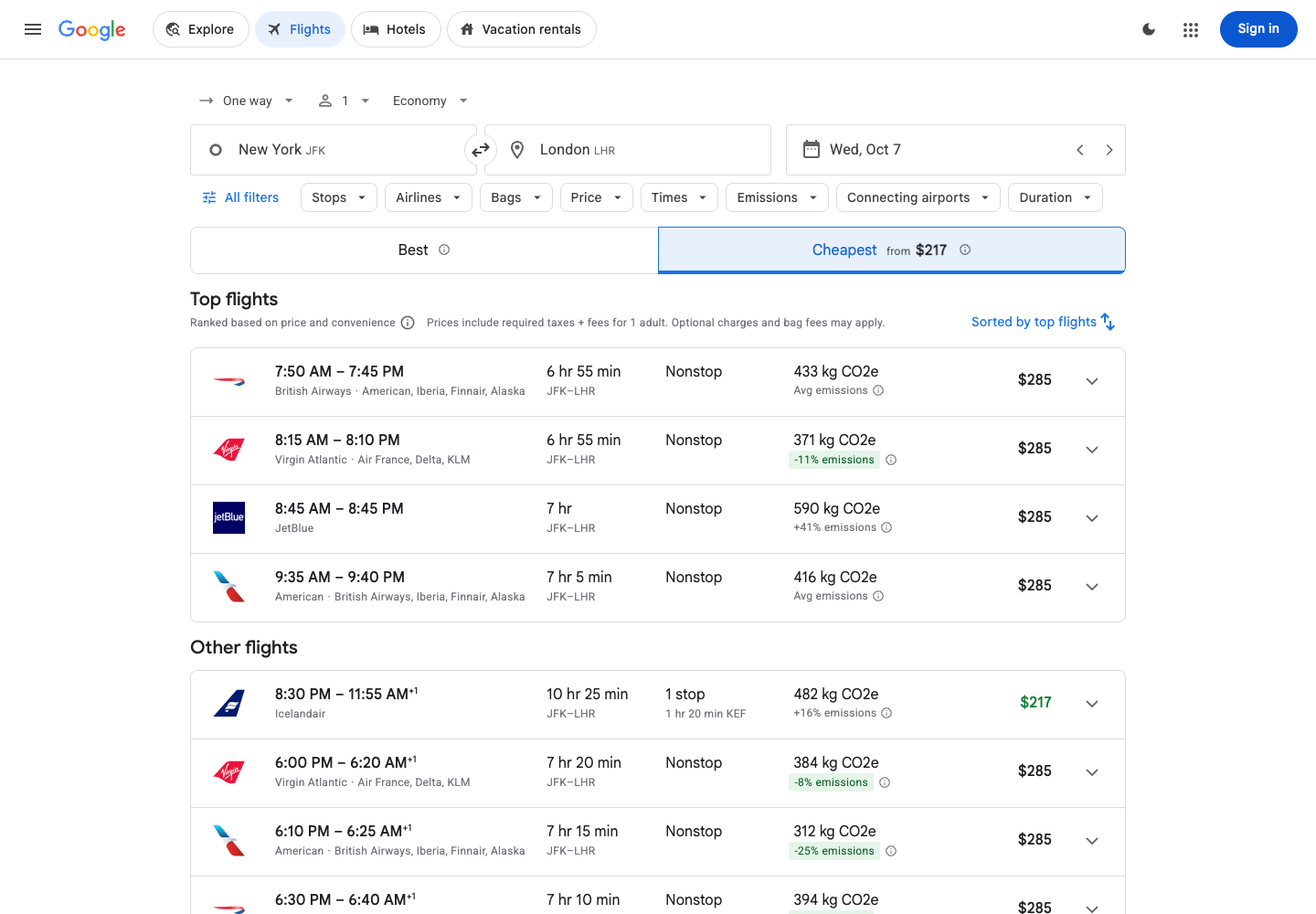 Google Flights, JFK to LHR one-way, Oct 7 2026: Icelandair via KEF at $217